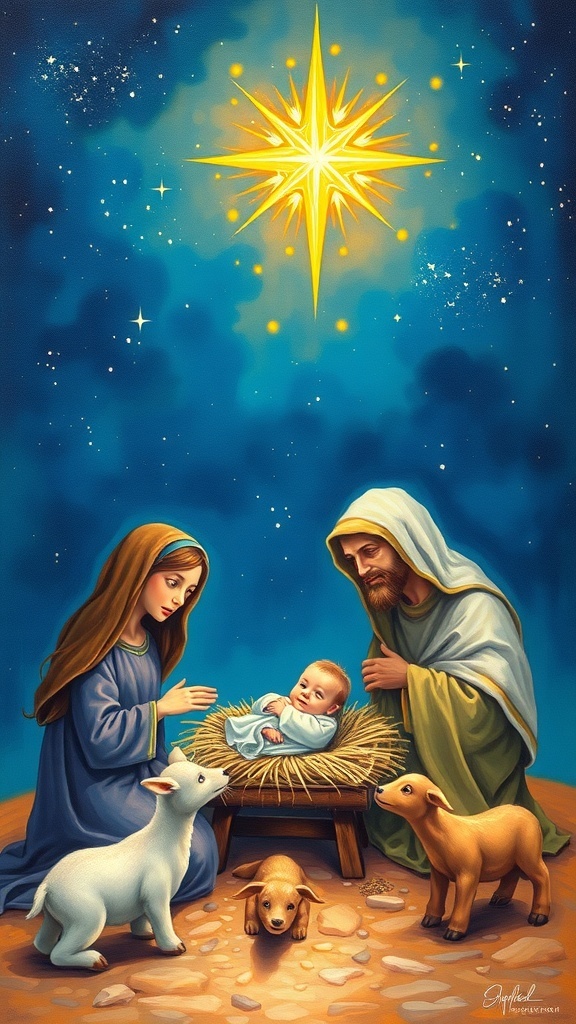 A peaceful Nativity scene with baby Jesus, Mary, and Joseph under a starry night sky.